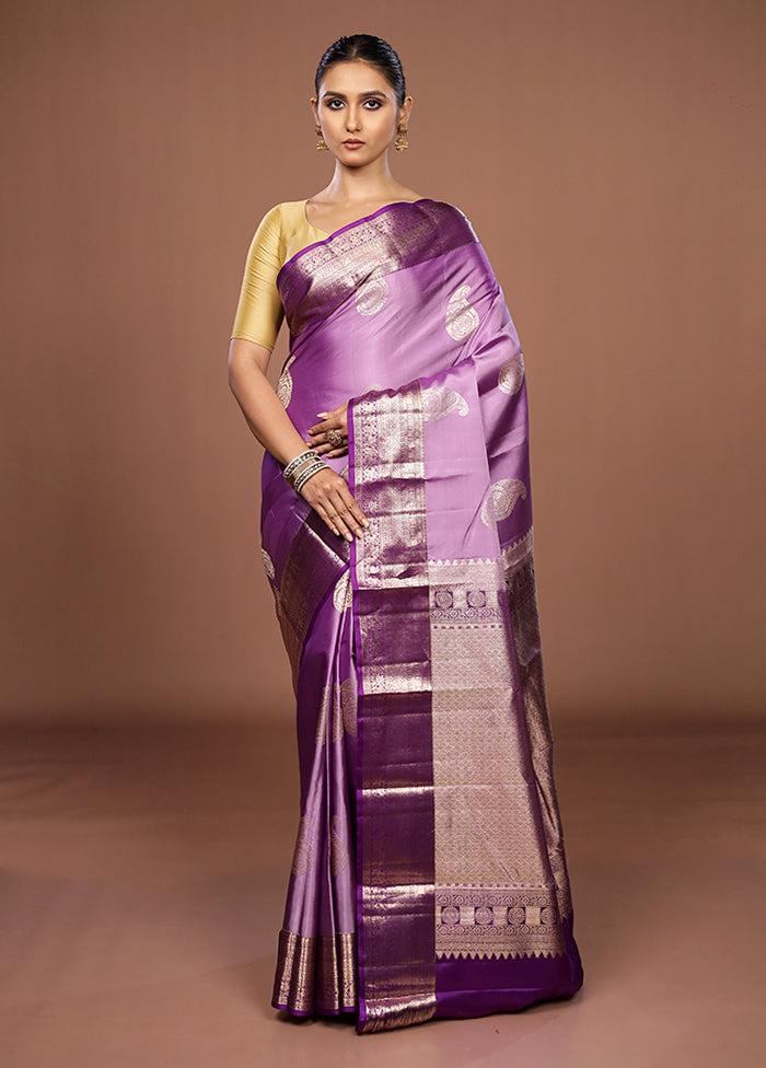 Purple Handloom Kanchipuram Pure Silk Saree With Blouse Piece