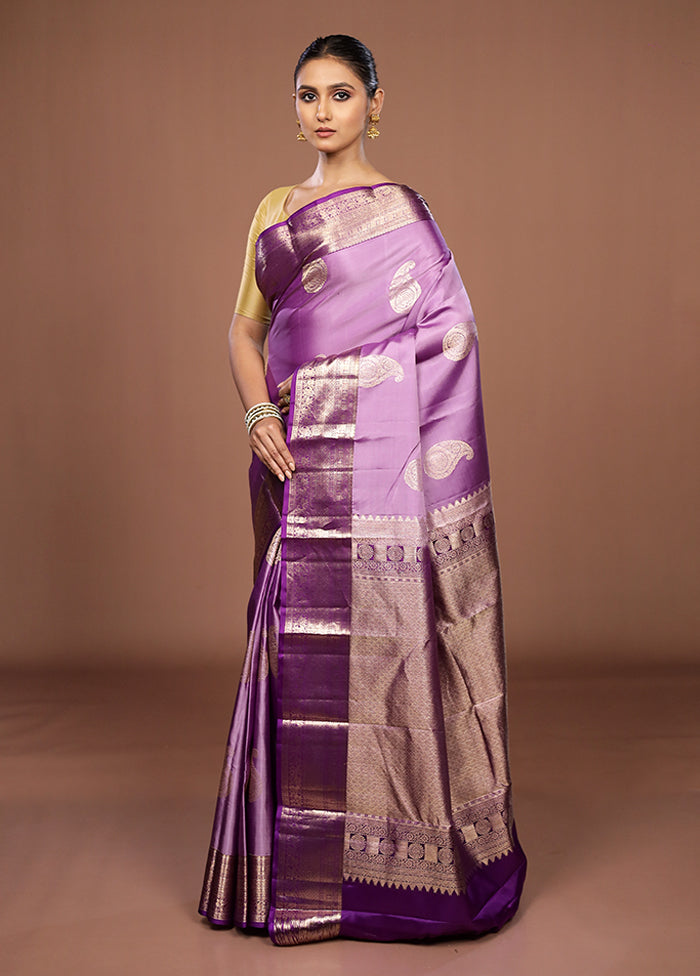 Purple Handloom Kanchipuram Pure Silk Saree With Blouse Piece