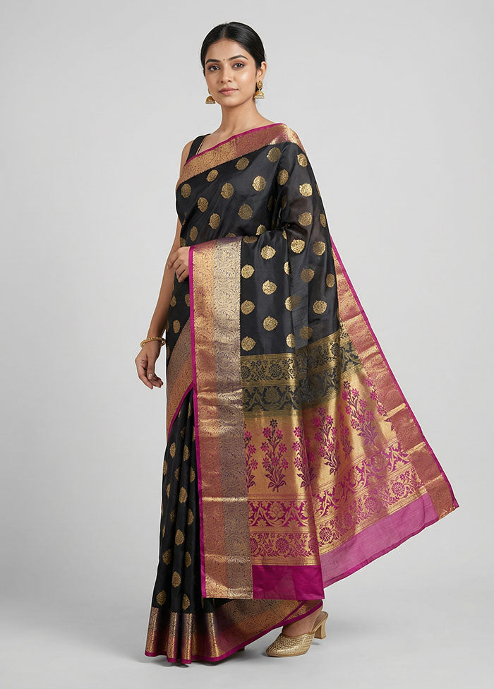 Black Handloom Kanjivaram Pure Silk Saree With Blouse Piece