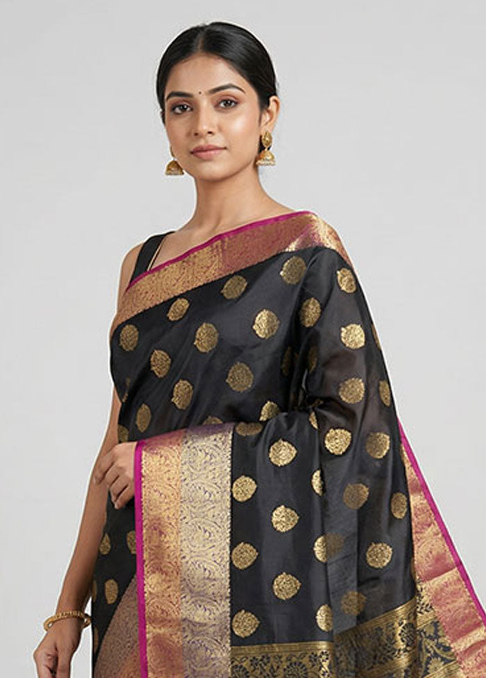 Black Handloom Kanjivaram Pure Silk Saree With Blouse Piece