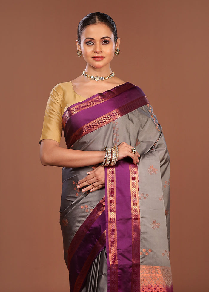 Grey Kanjivaram Silk Saree With Blouse Piece