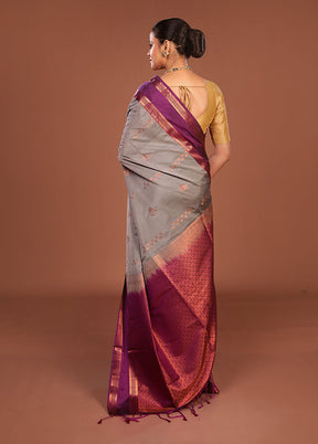 Grey Kanjivaram Silk Saree With Blouse Piece