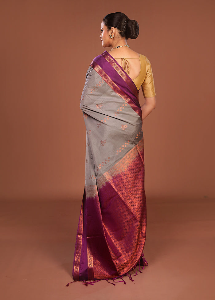 Grey Kanjivaram Silk Saree With Blouse Piece