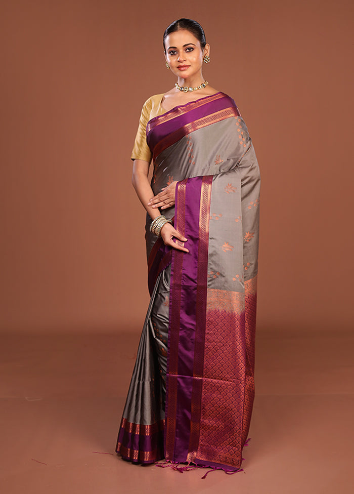 Grey Kanjivaram Silk Saree With Blouse Piece