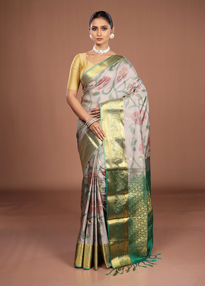 Grey Kanjivaram Silk Saree With Blouse Piece