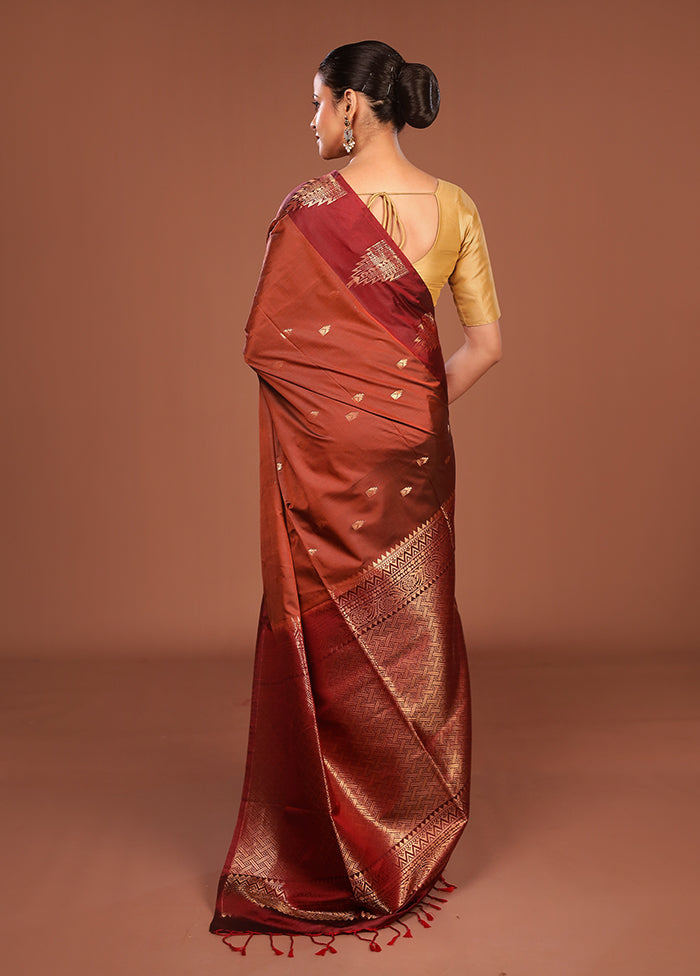 Rust Kanjivaram Silk Saree With Blouse Piece