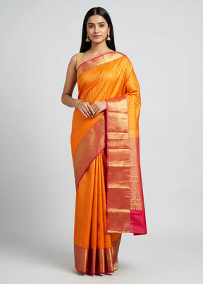 Orange Handloom Kanjivaram Pure Silk Saree With Blouse Piece