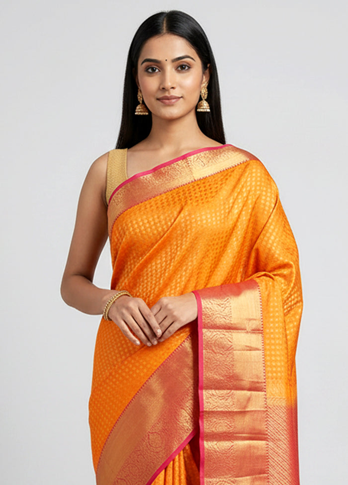 Orange Handloom Kanjivaram Pure Silk Saree With Blouse Piece