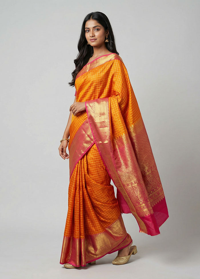 Orange Handloom Kanjivaram Pure Silk Saree With Blouse Piece
