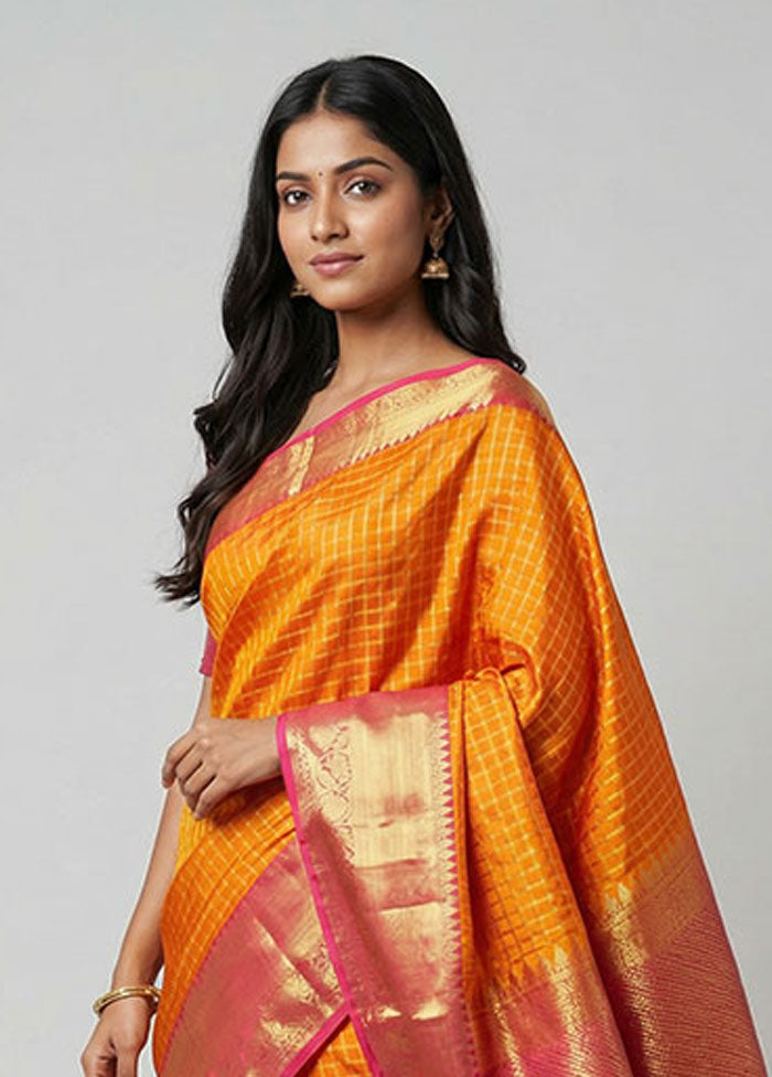 Orange Handloom Kanjivaram Pure Silk Saree With Blouse Piece