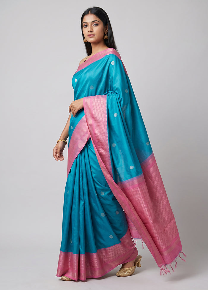 Blue Handloom Dupion Pure Silk Saree With Blouse Piece