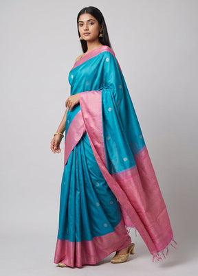 Blue Handloom Dupion Pure Silk Saree With Blouse Piece