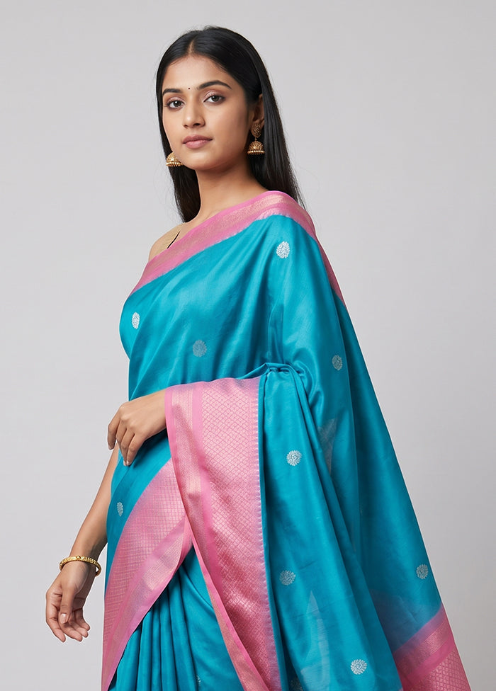 Blue Handloom Dupion Pure Silk Saree With Blouse Piece