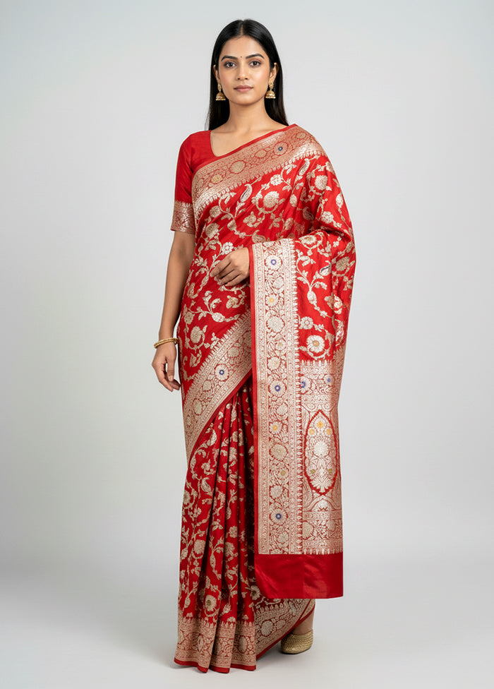 Red Handloom Katan Pure Silk Saree With Blouse Piece