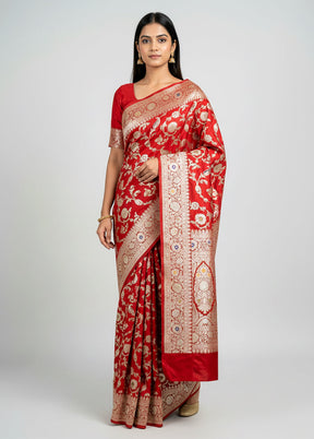 Red Handloom Katan Pure Silk Saree With Blouse Piece