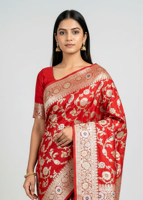 Red Handloom Katan Pure Silk Saree With Blouse Piece