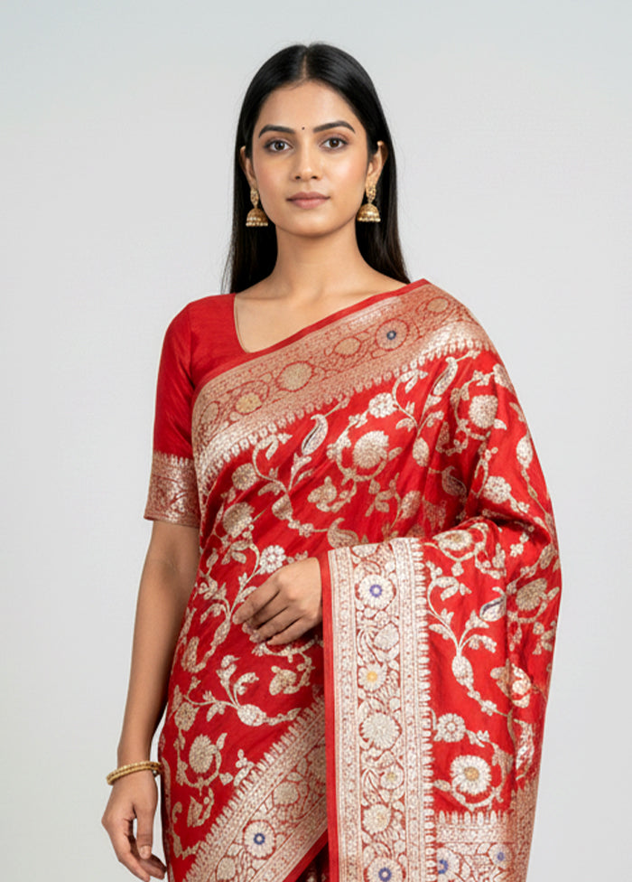 Red Handloom Katan Pure Silk Saree With Blouse Piece