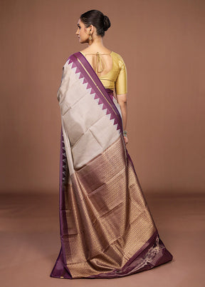 Cream Handloom Kanjivaram Pure Silk Saree With Blouse Piece