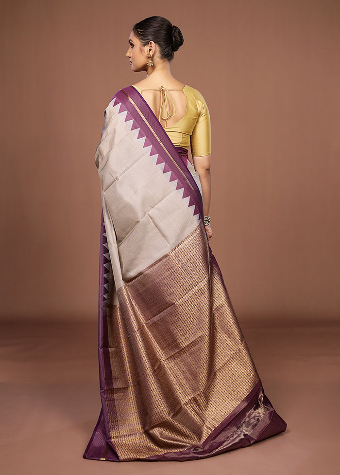 Cream Handloom Kanjivaram Pure Silk Saree With Blouse Piece