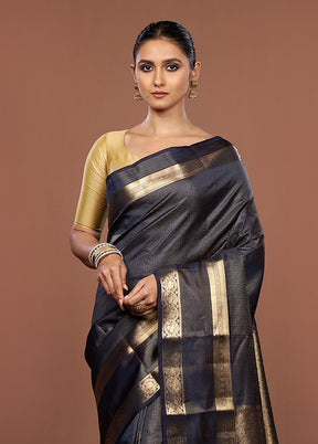 Blue Handloom Kanjivaram Pure Silk Saree With Blouse Piece