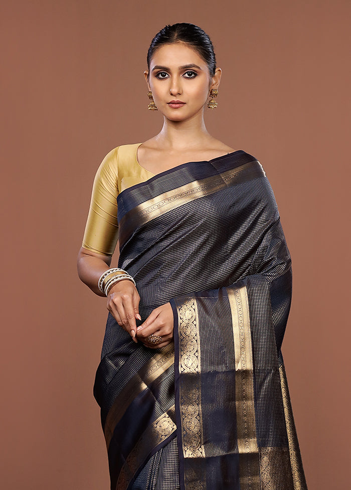 Blue Handloom Kanjivaram Pure Silk Saree With Blouse Piece