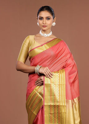 Pink Handloom Kanjivaram Pure Silk Saree With Blouse Piece