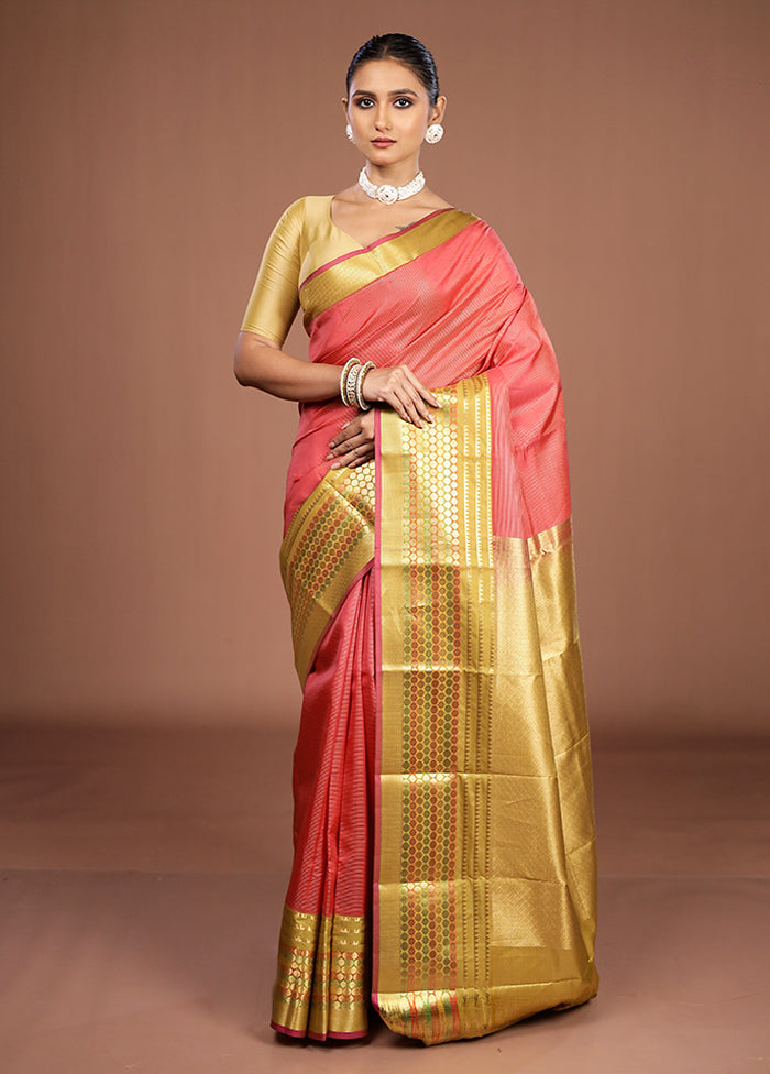 Pink Handloom Kanjivaram Pure Silk Saree With Blouse Piece