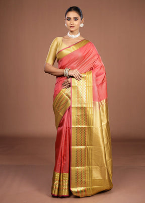 Pink Handloom Kanjivaram Pure Silk Saree With Blouse Piece