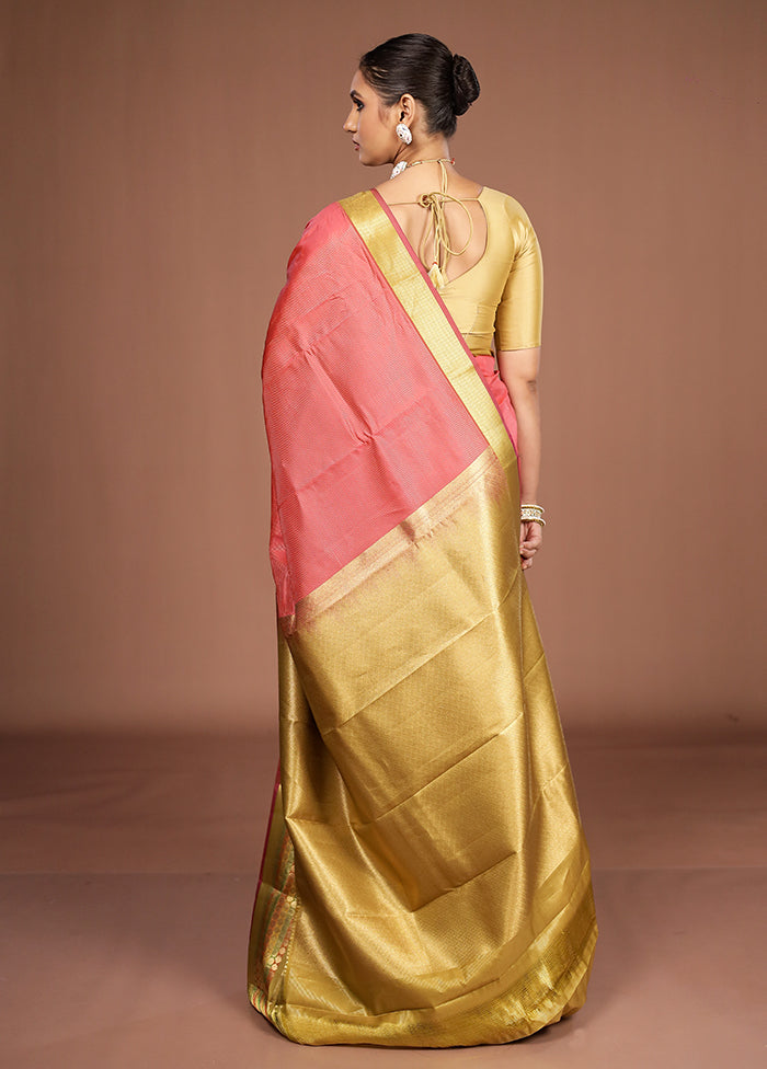 Pink Handloom Kanjivaram Pure Silk Saree With Blouse Piece