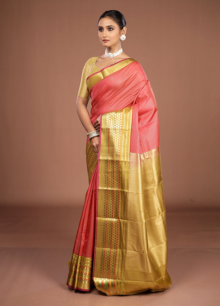 Pink Handloom Kanjivaram Pure Silk Saree With Blouse Piece
