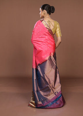 Pink Handloom Kanjivaram Pure Silk Saree With Blouse Piece