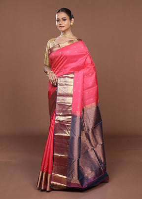 Pink Handloom Kanjivaram Pure Silk Saree With Blouse Piece