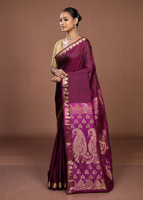 Purple Handloom Kanjivaram Pure Silk Saree With Blouse Piece