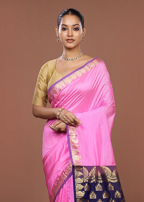 Pink Handloom Kanjivaram Pure Silk Saree With Blouse Piece