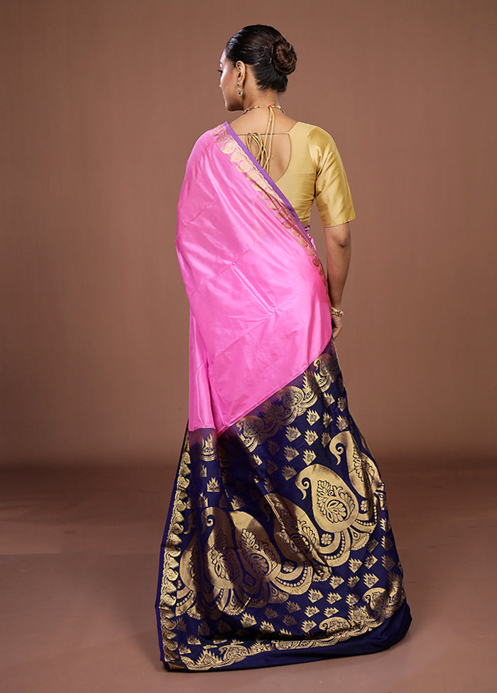 Pink Handloom Kanjivaram Pure Silk Saree With Blouse Piece