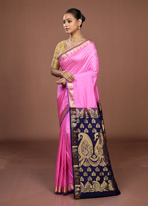 Pink Handloom Kanjivaram Pure Silk Saree With Blouse Piece