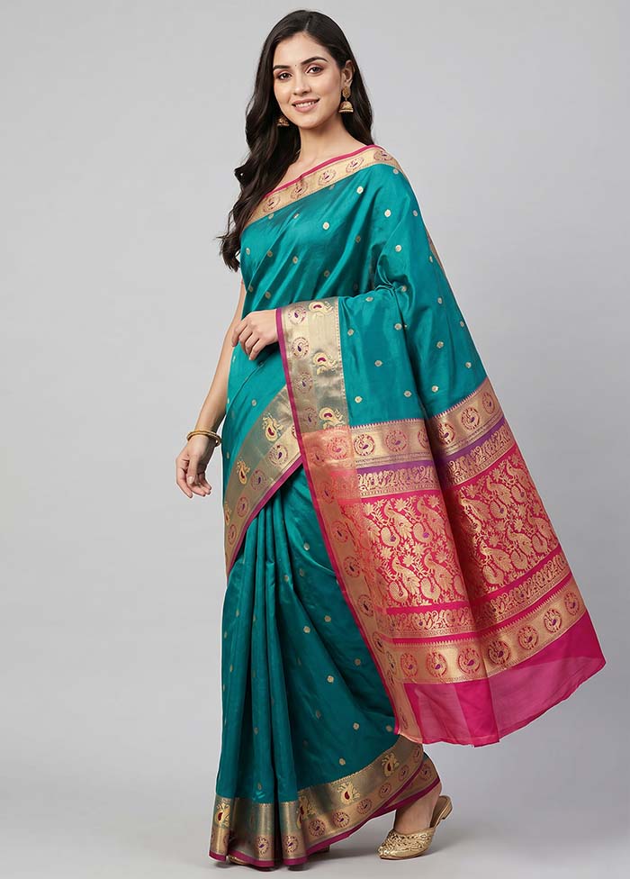 Green Handloom Pure Cotton Saree With Blouse Piece