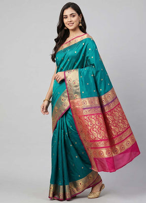 Green Handloom Pure Cotton Saree With Blouse Piece