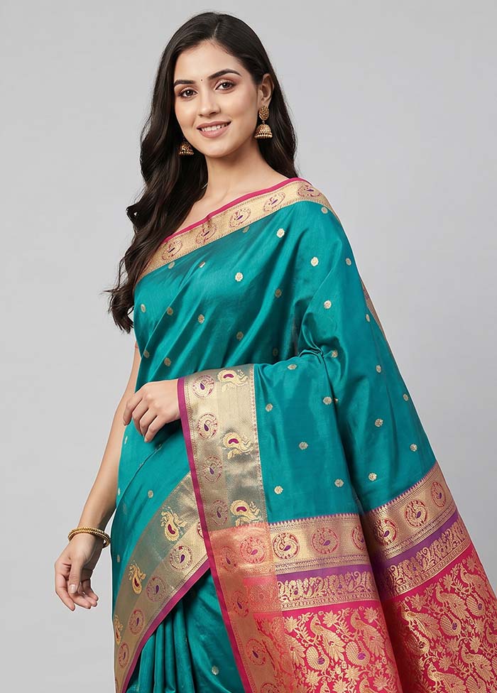 Green Handloom Pure Cotton Saree With Blouse Piece