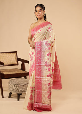 Cream Dupion Silk Saree With Blouse Piece