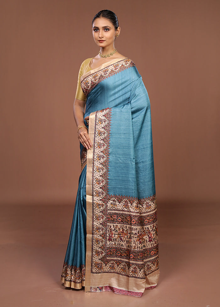 Blue Tussar Silk Saree With Blouse Piece