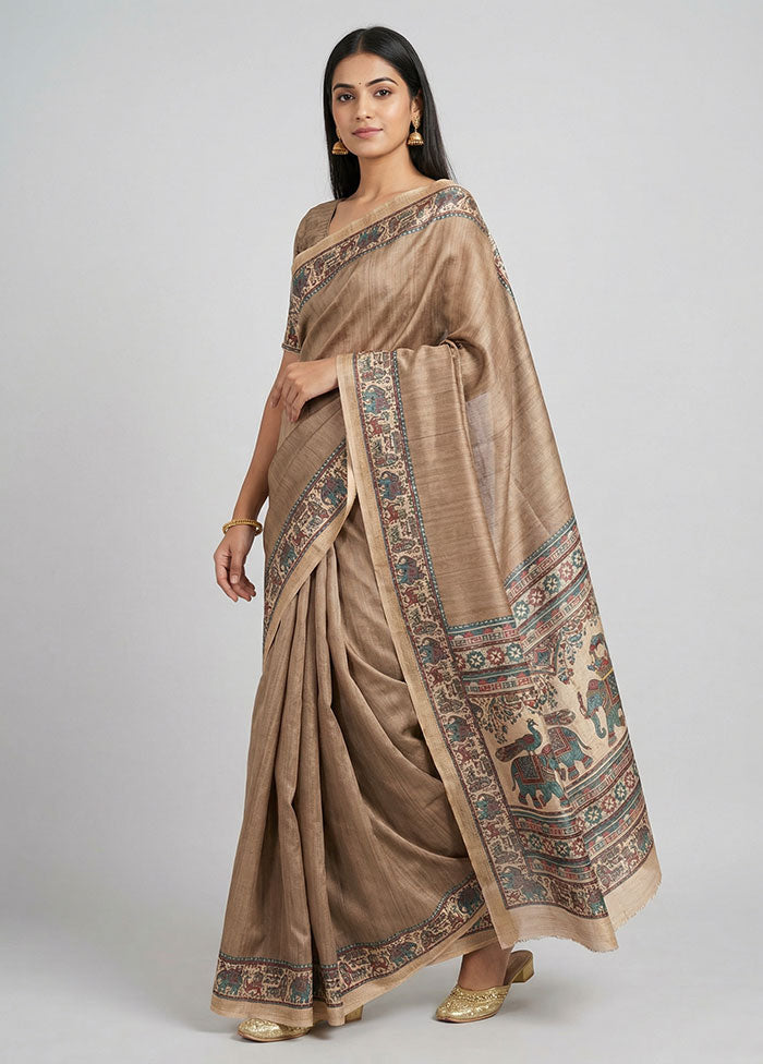 Cream Tussar Silk Saree With Blouse Piece