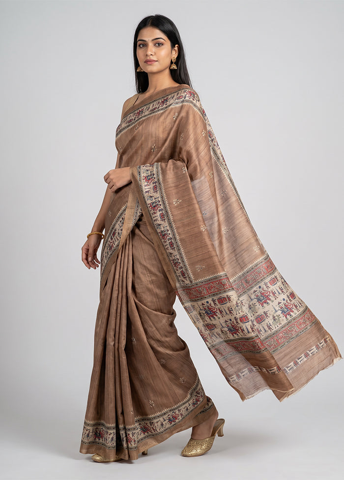 Cream Tussar Silk Saree With Blouse Piece