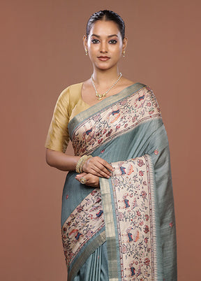 Green Tussar Silk Saree With Blouse Piece
