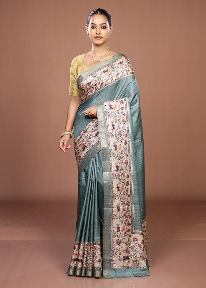 Green Tussar Silk Saree With Blouse Piece