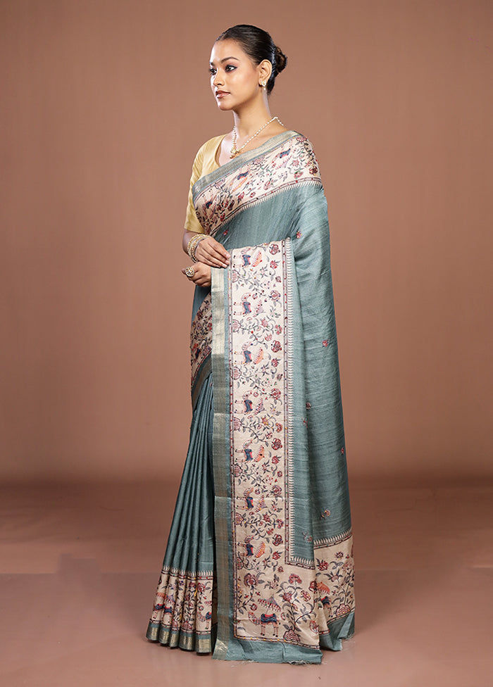 Green Tussar Silk Saree With Blouse Piece