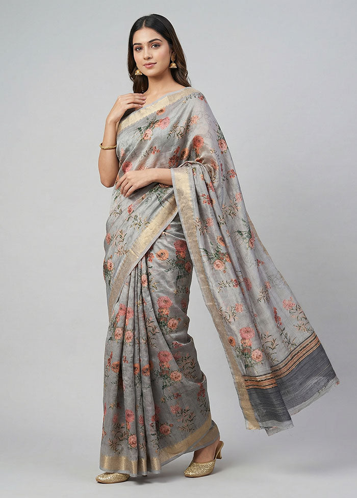 Grey Tussar Silk Saree With Blouse Piece