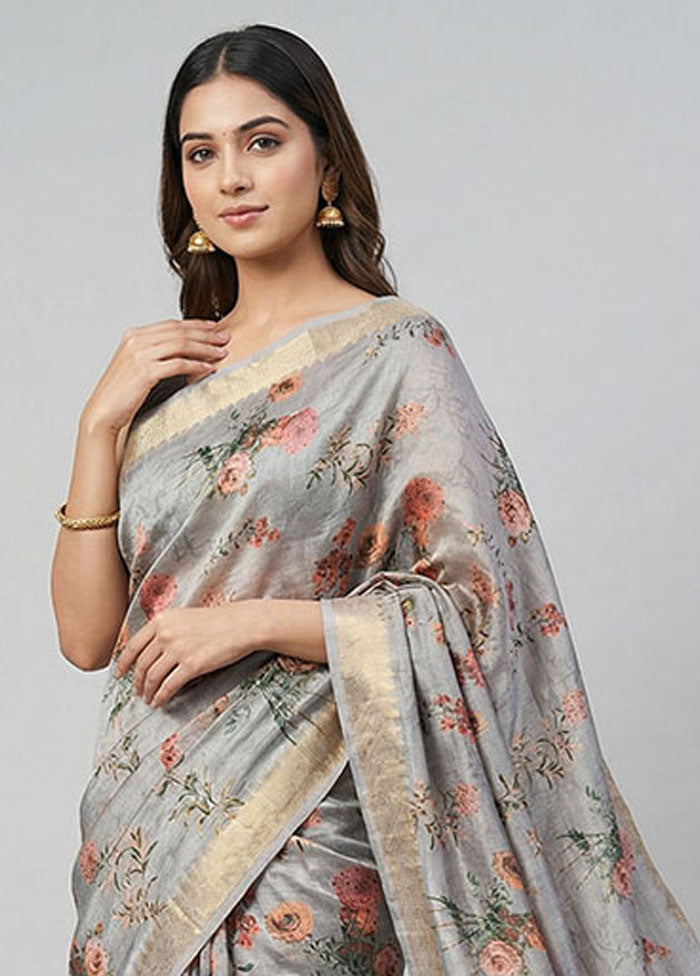 Grey Tussar Silk Saree With Blouse Piece