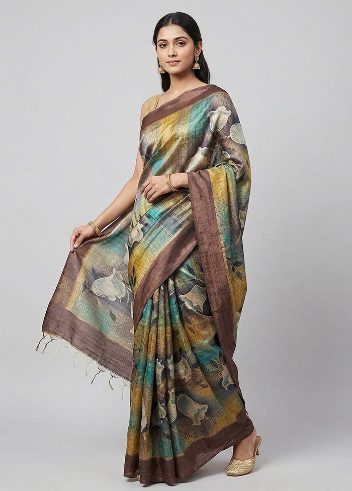 Cream Handloom Tussar Pure Silk Saree With Blouse Piece