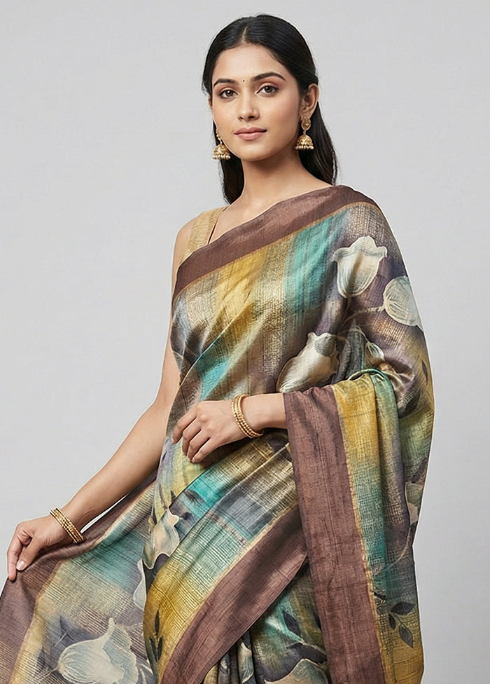 Cream Handloom Tussar Pure Silk Saree With Blouse Piece